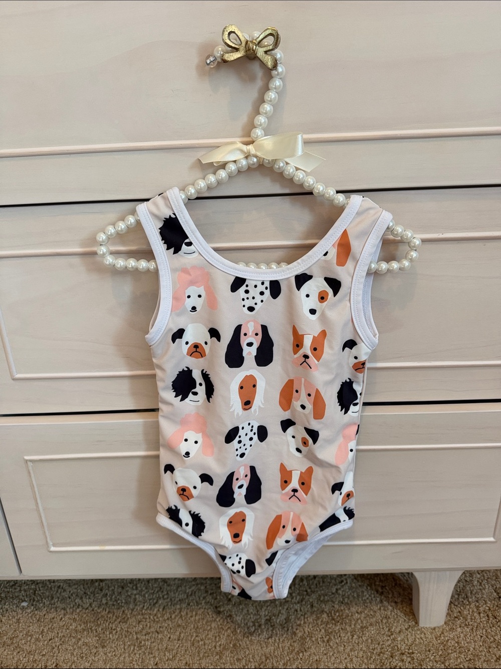 Kids Sleeveless One-Piece Bodysuit with Playful Dog Print - White and Pink